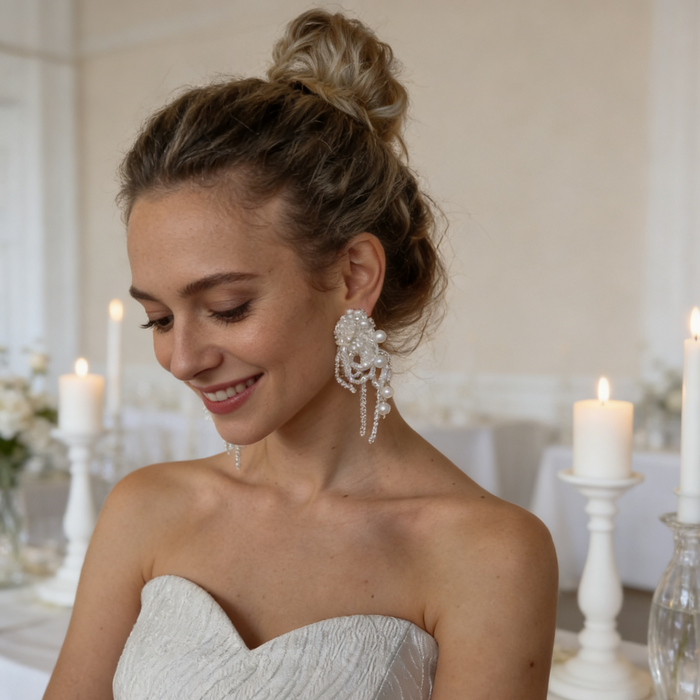 Handcrafted pearl beaded bridal earrings featuring natural freshwater pearls, white crystals and elegant tassel details for luxury weddings.