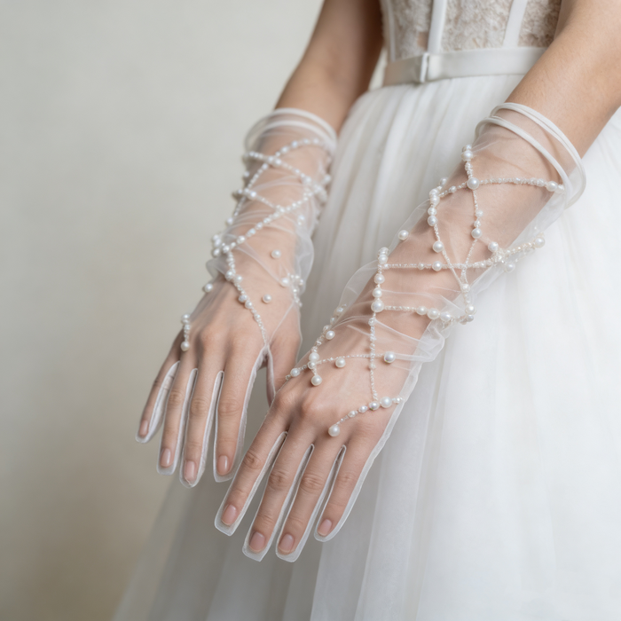 Bride wearing elegant sheer tulle pearl bridal gloves paired with a modern wedding gown from a side view.