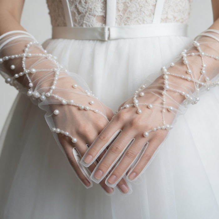 Bride wearing elegant sheer tulle pearl bridal gloves paired with a modern wedding gown from a side view.