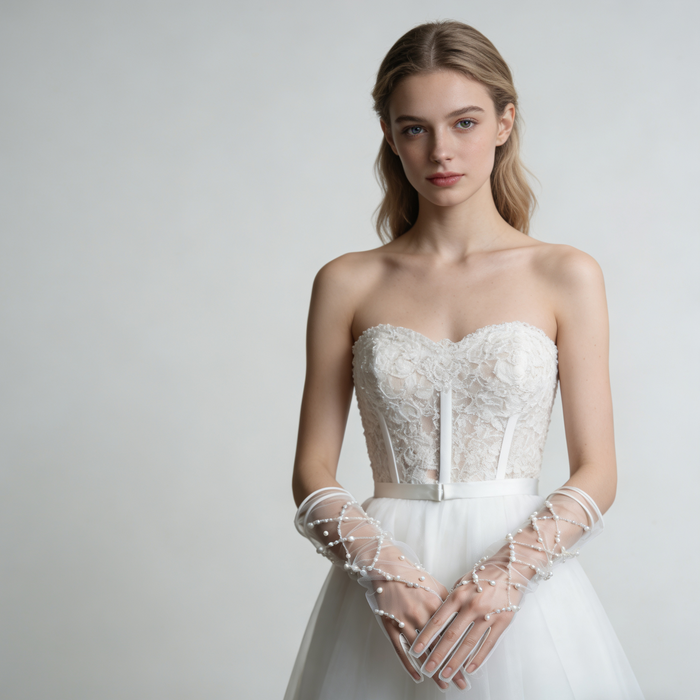 Full-length bridal gown styled with handcrafted pearl beaded tulle gloves creating an elegant wedding look.