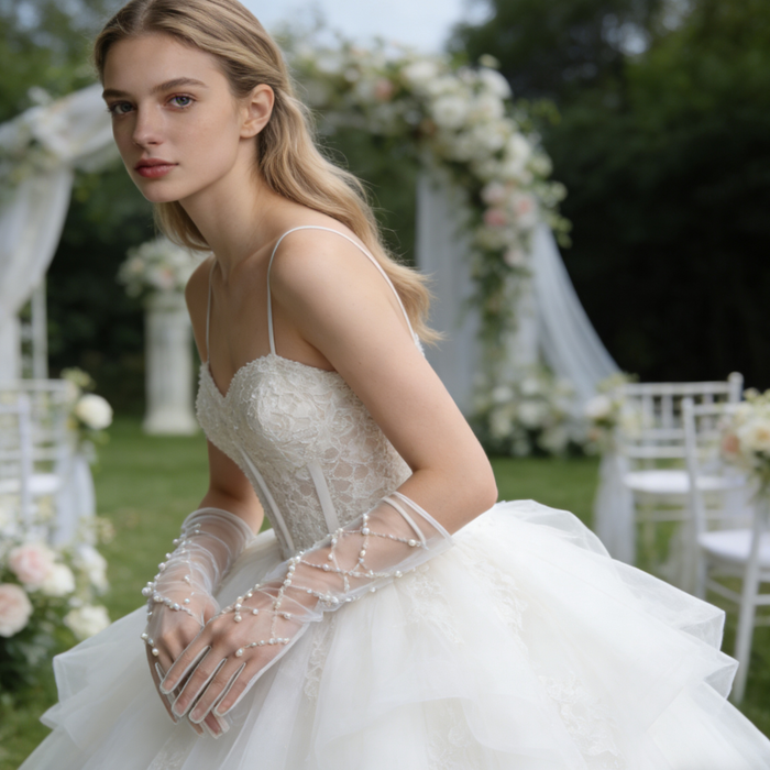 Full-length bridal gown styled with handcrafted pearl beaded tulle gloves creating an elegant wedding look.