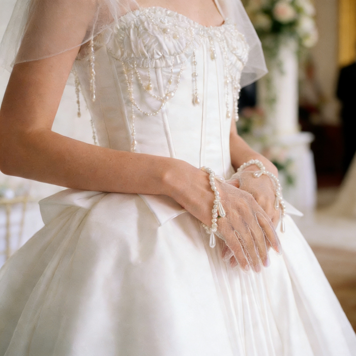 Pearl bridal wrist gloves crafted from illusion tulle with hand sewn faux pearls and a wave-shaped cuff.