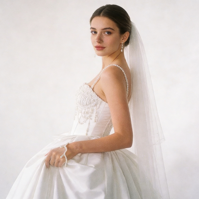 Bride wearing pearl embellished illusion tulle wrist gloves with a wedding gown during an elegant bridal ceremony.