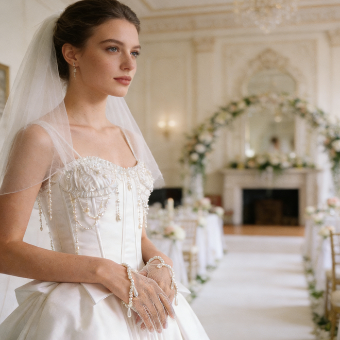Bride wearing pearl embellished illusion tulle wrist gloves with a wedding gown during an elegant bridal ceremony.