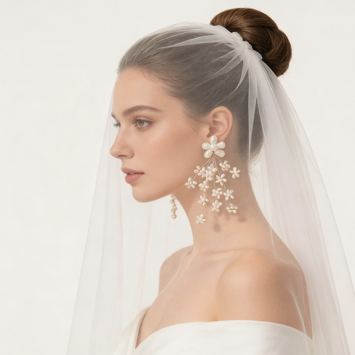 Bride wearing pearl flower drop earrings with a wedding veil and elegant gown during a bridal photoshoot.