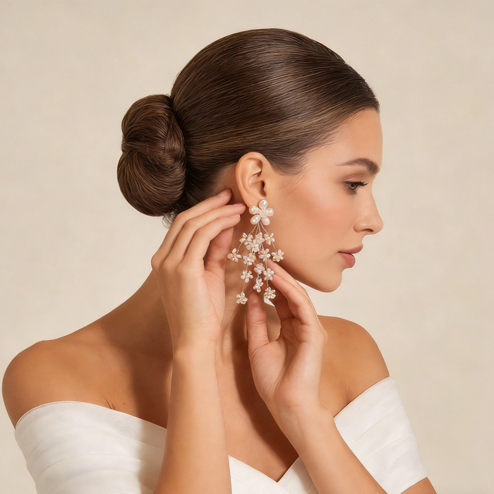 Bride wearing pearl flower drop earrings with a wedding veil and elegant gown during a bridal photoshoot.