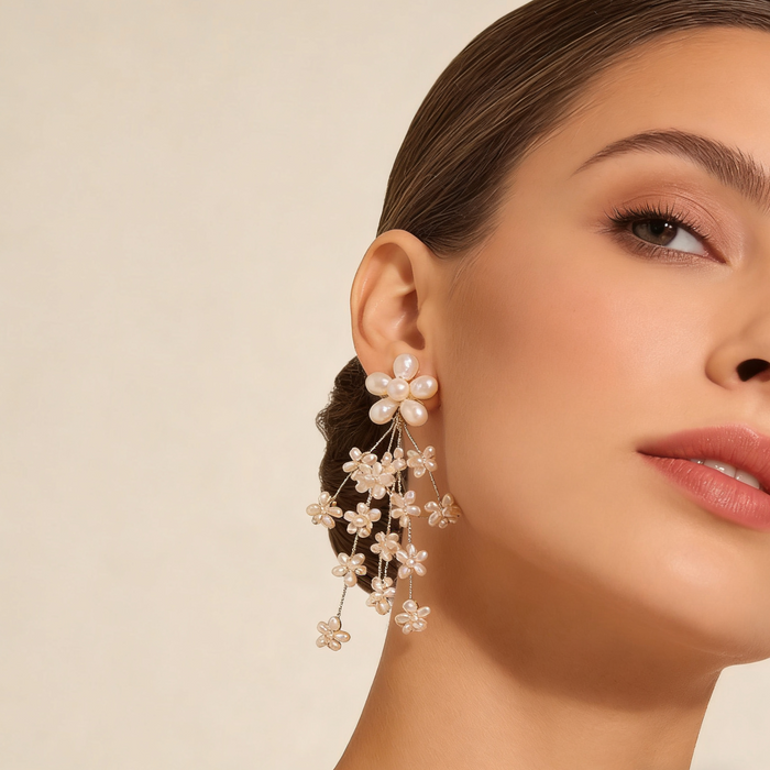 Freshwater pearl flower bridal earrings with platinum plated details and cascading floral cluster design.