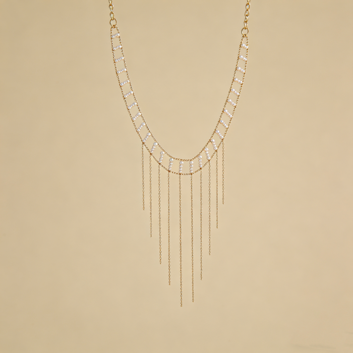 Freshwater pearl fringe choker necklace handcrafted with 14K gold plated copper chain and cascading pearl details.
