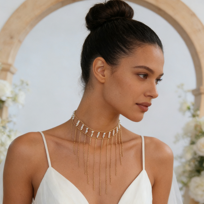 Freshwater pearl fringe choker necklace handcrafted with 14K gold plated copper chain and cascading pearl details.