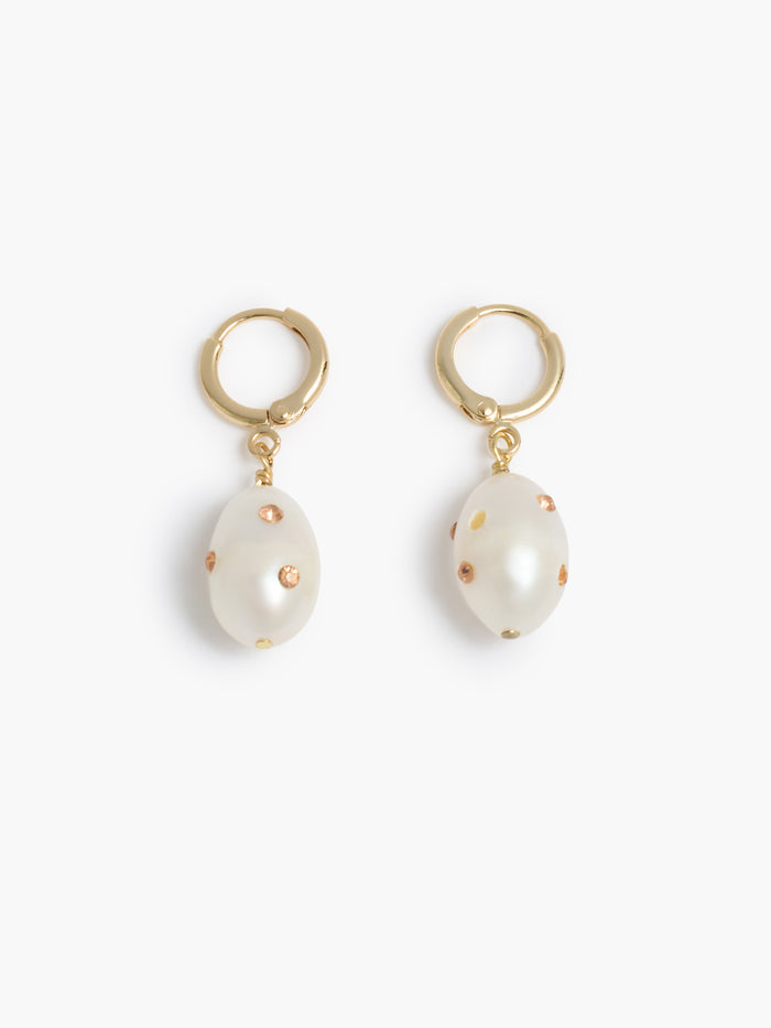 Pearl Pink Crystal Gold Huggie Hoop Earrings