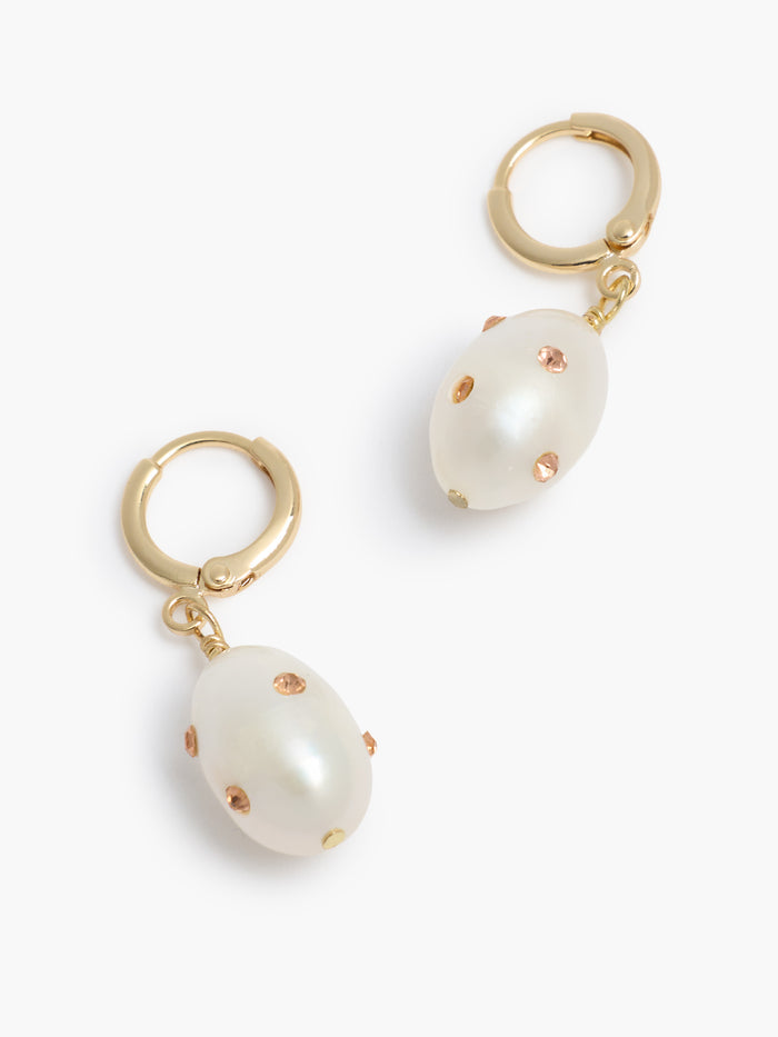 Pearl Pink Crystal Gold Huggie Hoop Earrings