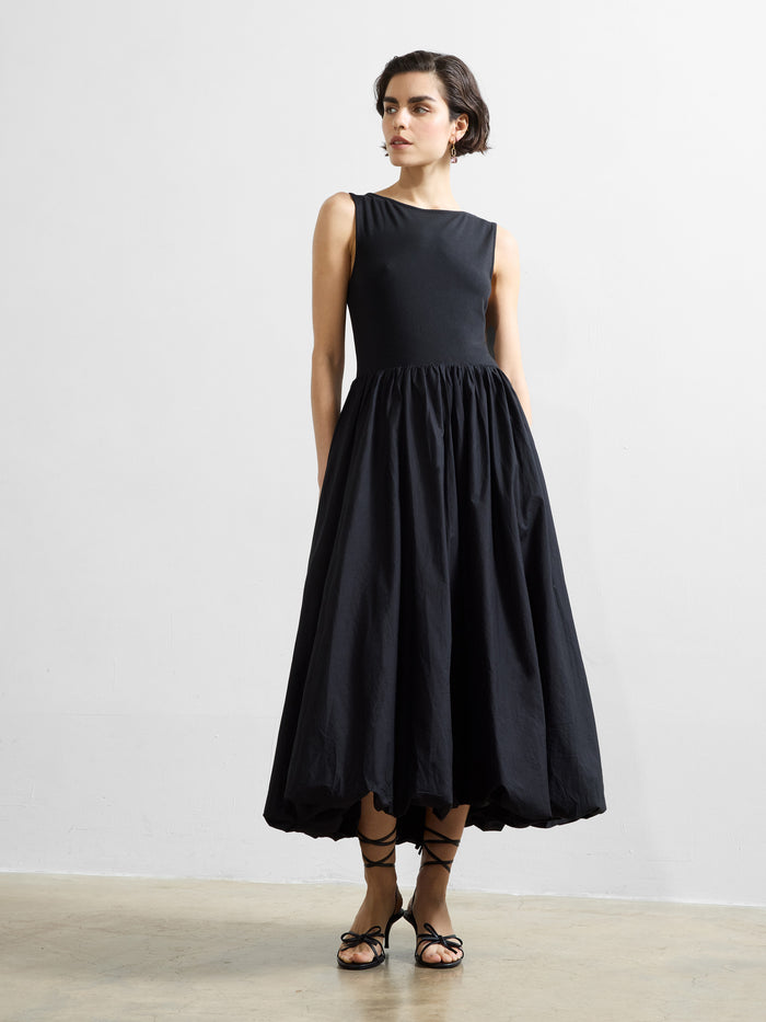 Phoebe Jersey Woven Mix Bubble Hem Midi Dress