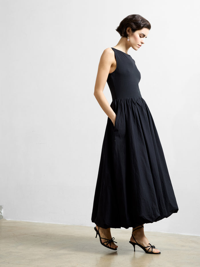 Phoebe Jersey Woven Mix Bubble Hem Midi Dress