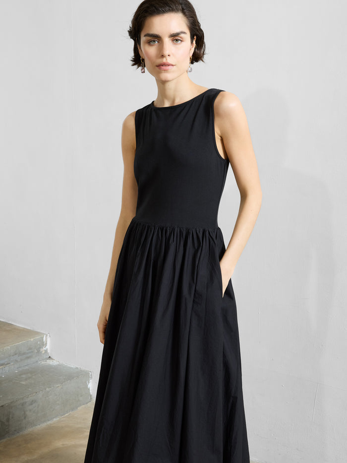 Phoebe Jersey Woven Mix Bubble Hem Midi Dress