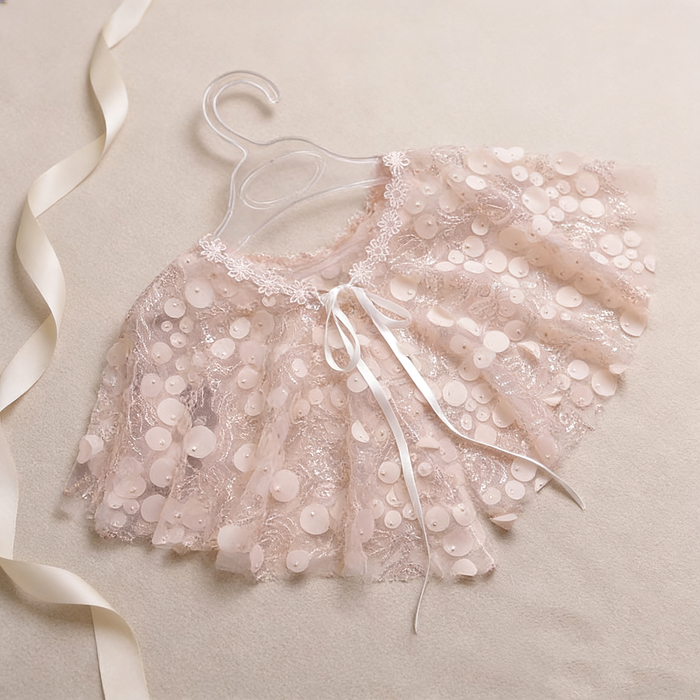 Blush pink sequin bridal capelet with tulle overlay and ribbon tie, romantic wedding shawl for bride.