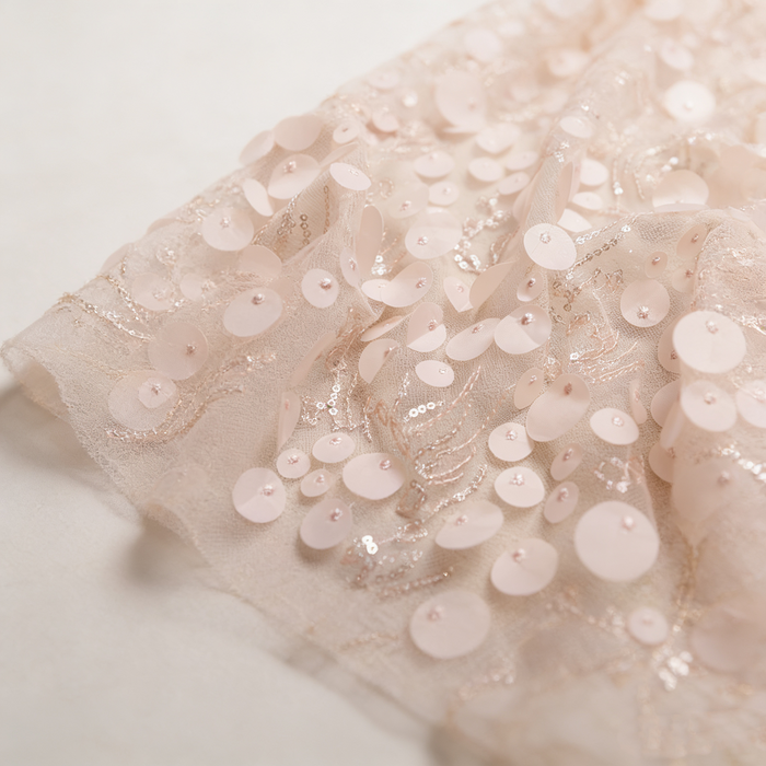 Blush pink sequin bridal capelet with tulle overlay and ribbon tie, romantic wedding shawl for bride.