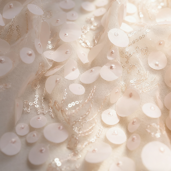 Blush pink sequin bridal capelet with tulle overlay and ribbon tie, romantic wedding shawl for bride.