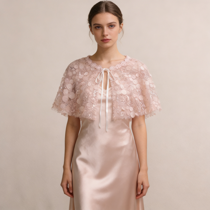 Hand embellished pink wedding cape with sparkling sequin details, lightweight bridal shoulder cover.