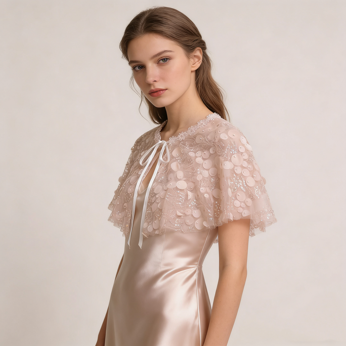Hand embellished pink wedding cape with sparkling sequin details, lightweight bridal shoulder cover.