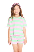 Girl wearing the Chaser Kids Pinky Aloe Stripe Devin Tee featuring wide pastel pink and aloe green stripes and a relaxed cropped fit