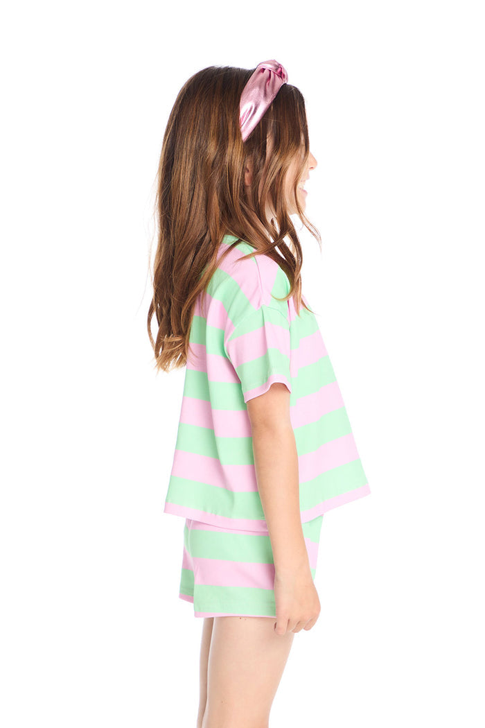 Side view of the Chaser Kids Pinky Aloe Stripe Devin Tee showing the short sleeves and easy drape of the striped knit