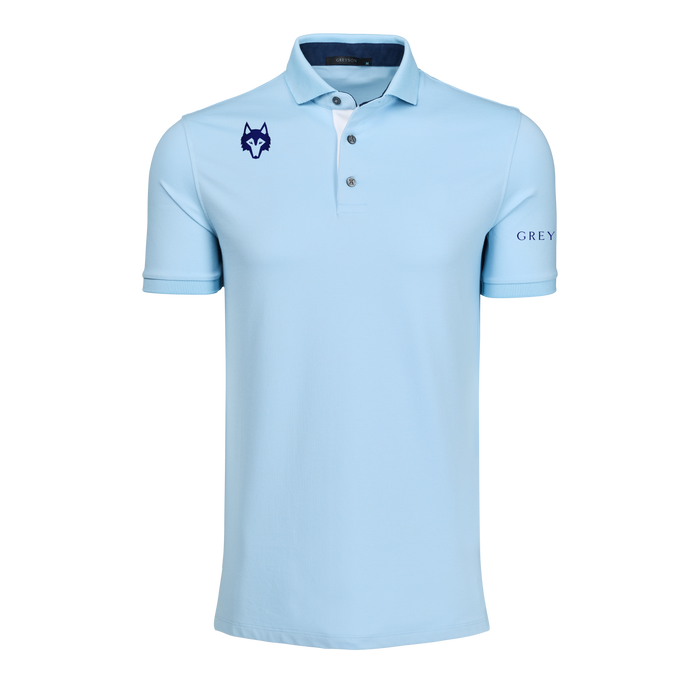 Wolf Blue Pima Cotton Golf Polo with Wolf Icon Emblem - Front View | Greyson Clothiers