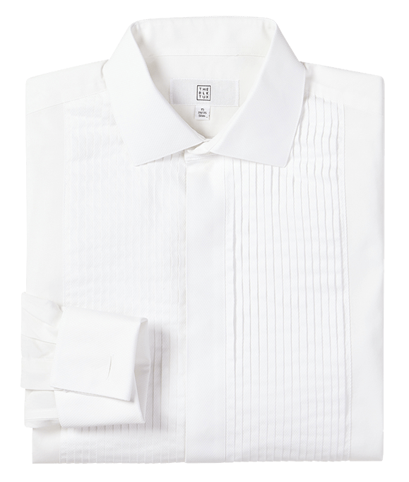 White pleated tuxedo shirt with brand tag, folded flat, on light grey background