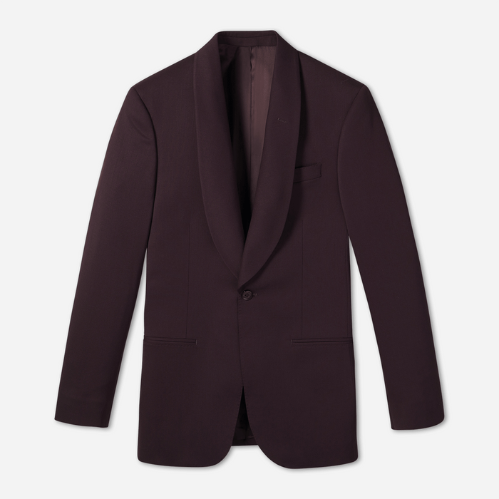 Plum shawl lapel tuxedo jacket laid flat, satin lapel and covered button, on light grey background