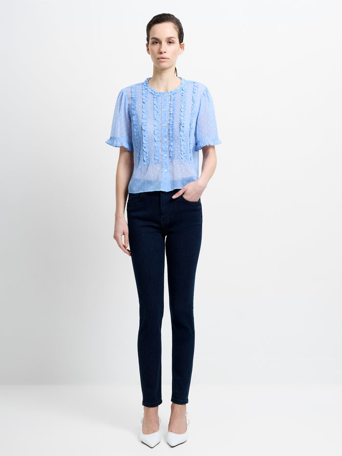 Polka Dot Short Sleeve Ruffle Blouse