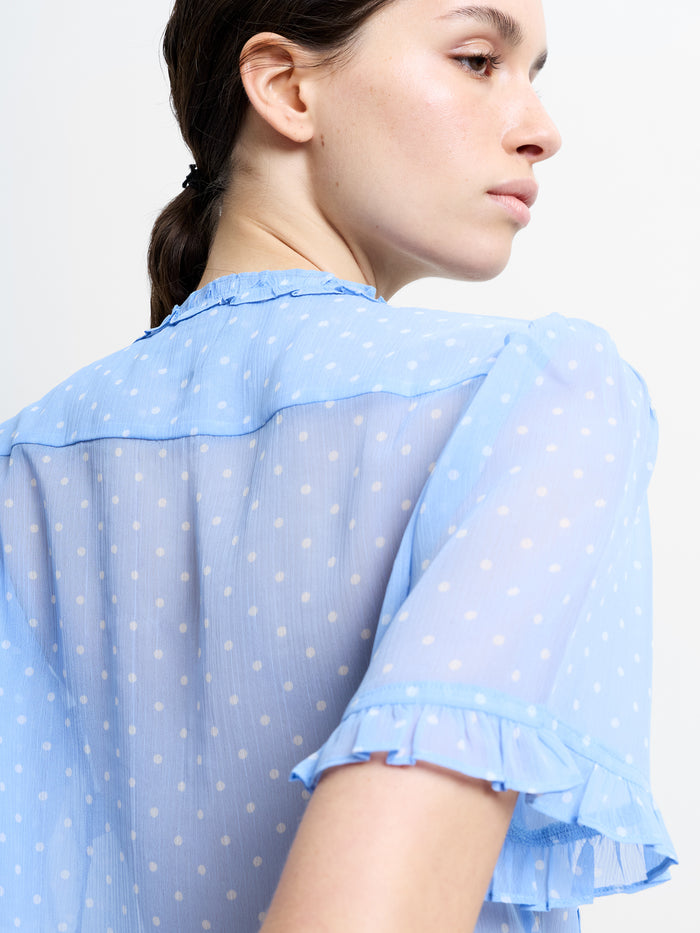 Polka Dot Short Sleeve Ruffle Blouse