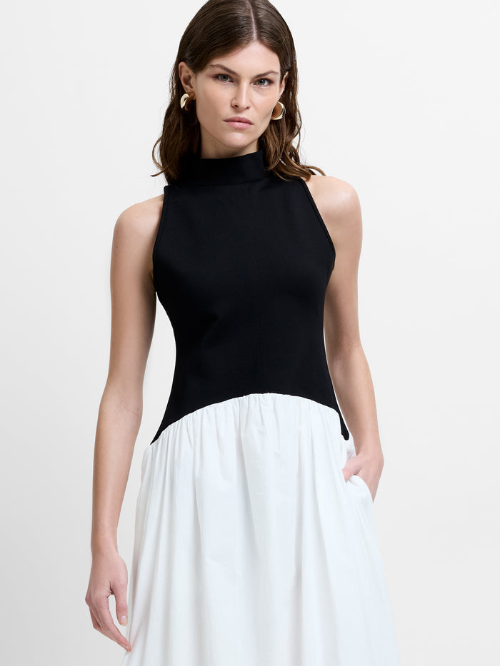 Ponte Mix Black and White Drop Waist Maxi Dress