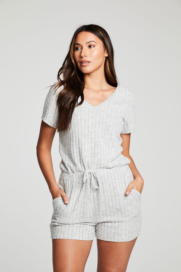 Poor Boy Rib Double V Short Sleeve Shorts Romper WOMENS chaserbrand