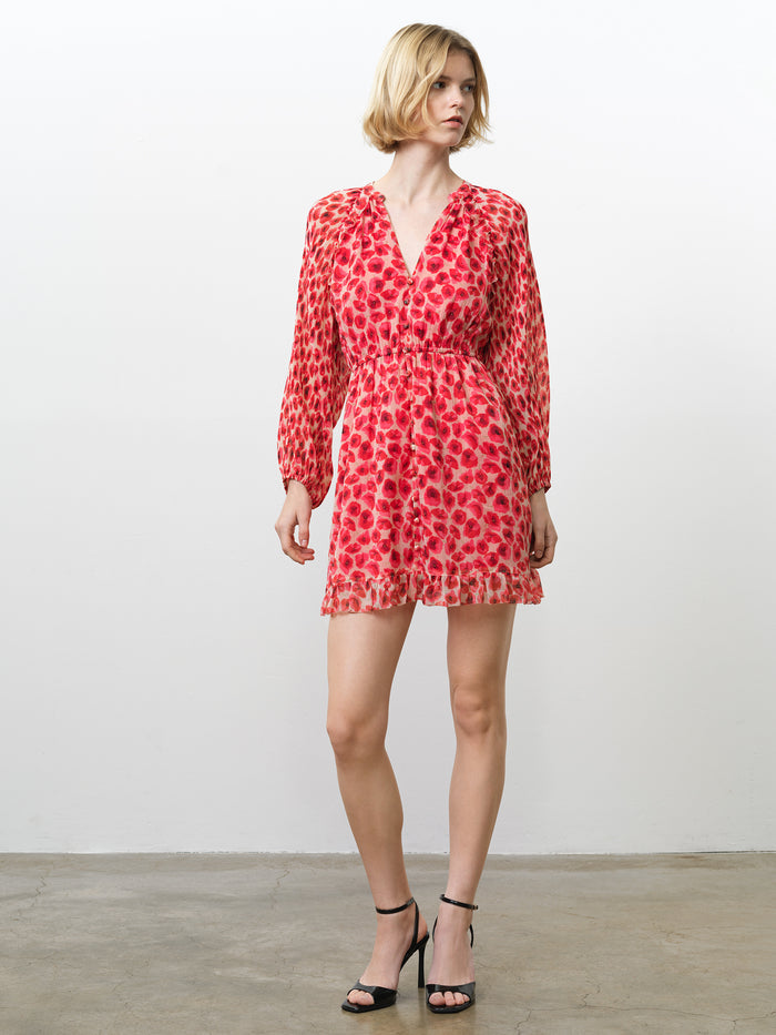 Poppy Pleated Puff Sleeve Red Floral Mini Dress