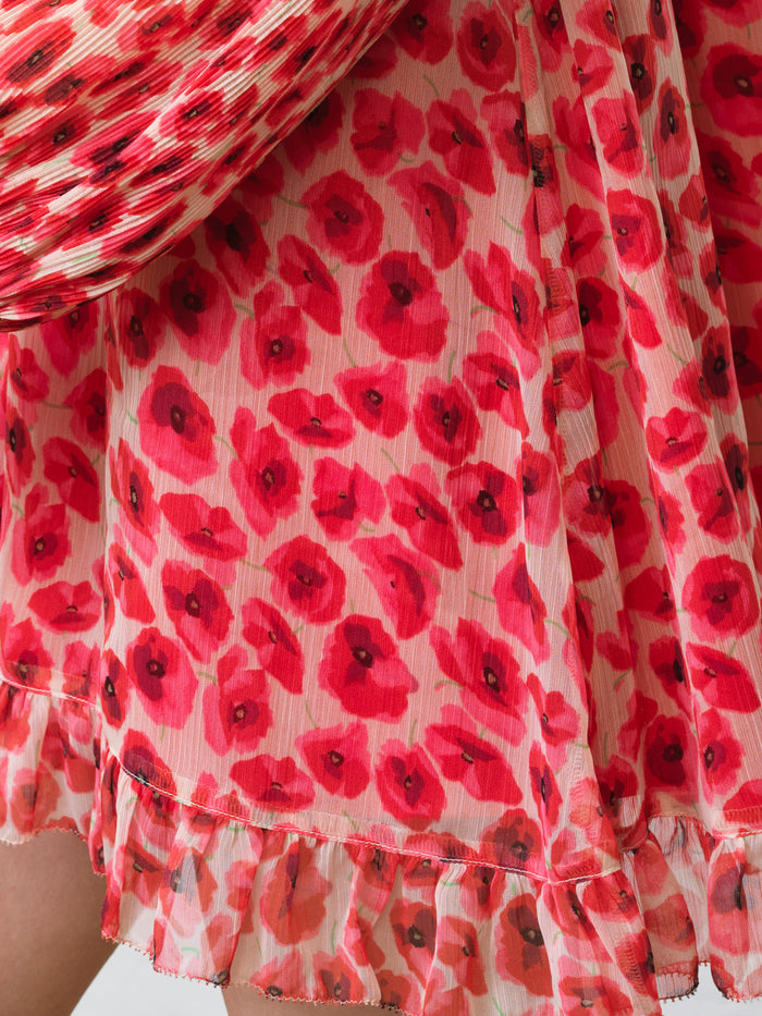 Poppy Pleated Puff Sleeve Red Floral Mini Dress