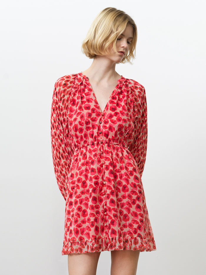 Poppy Pleated Puff Sleeve Red Floral Mini Dress