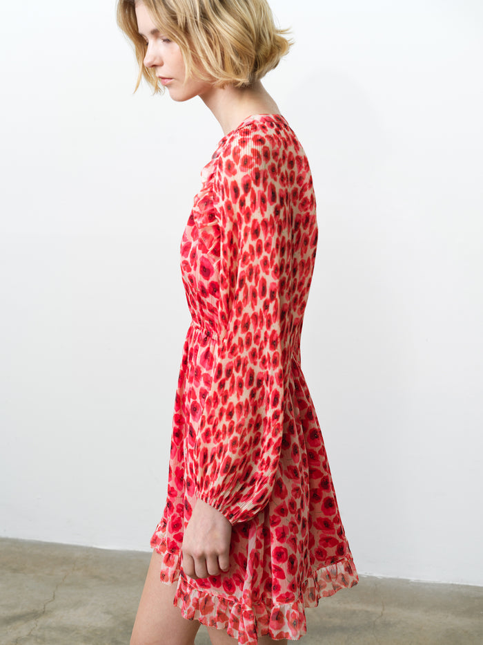 Poppy Pleated Puff Sleeve Red Floral Mini Dress