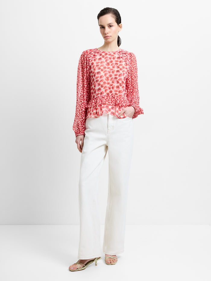 Poppy Semi-Sheer Red Floral Puff Sleeve Peplum Top