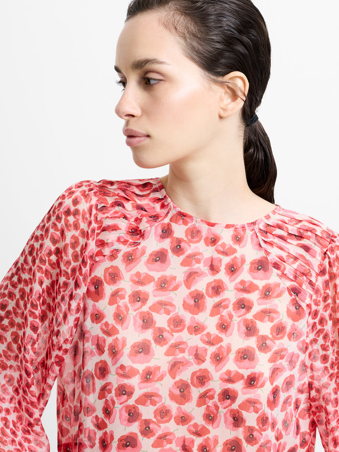 Poppy Semi-Sheer Red Floral Puff Sleeve Peplum Top