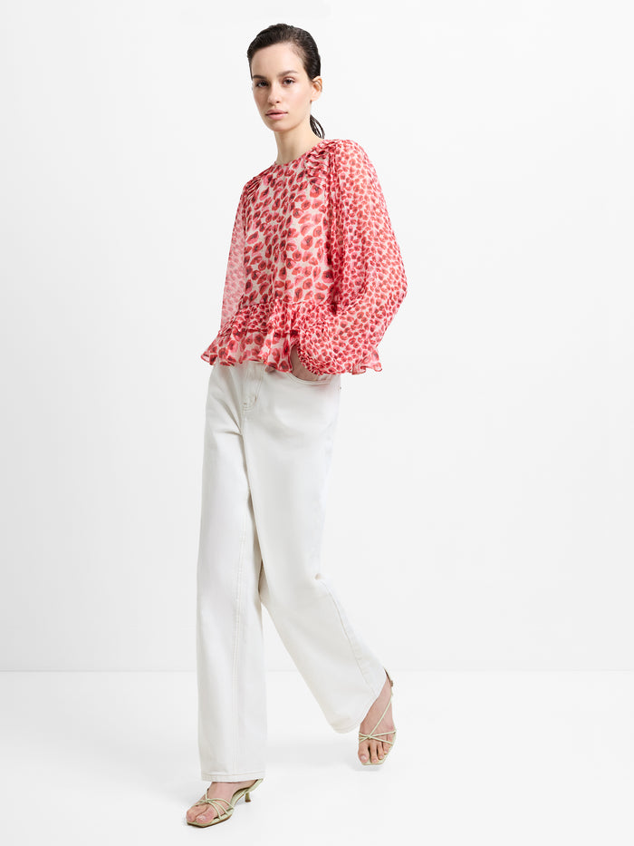 Poppy Semi-Sheer Red Floral Puff Sleeve Peplum Top