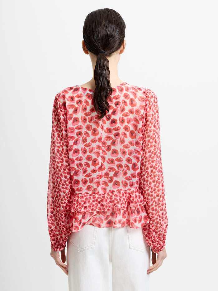 Poppy Semi-Sheer Red Floral Puff Sleeve Peplum Top