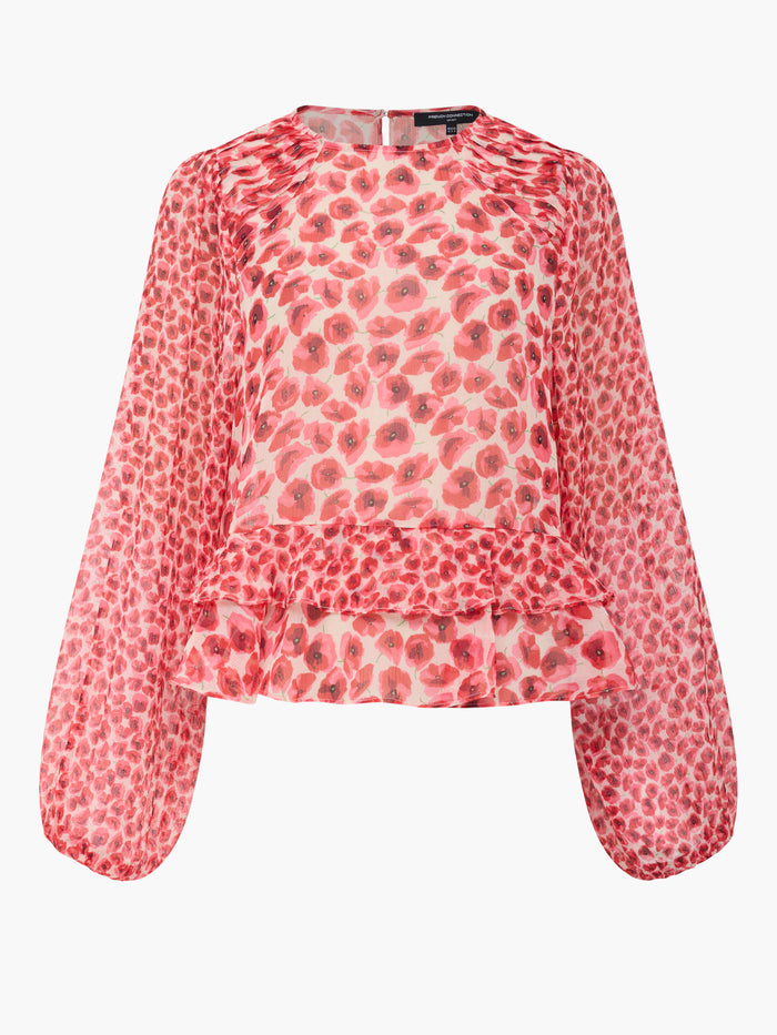 Poppy Semi-Sheer Red Floral Puff Sleeve Peplum Top