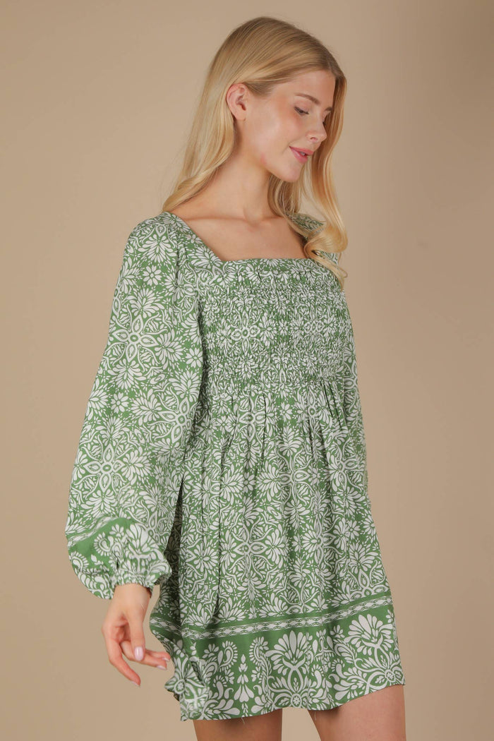 Printed Smocked Chest Boho Mini Dress