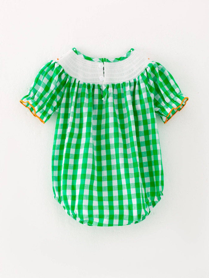 Pumpkin Green Baby Girls Woven Smocking Embroidered Plaid Romper
