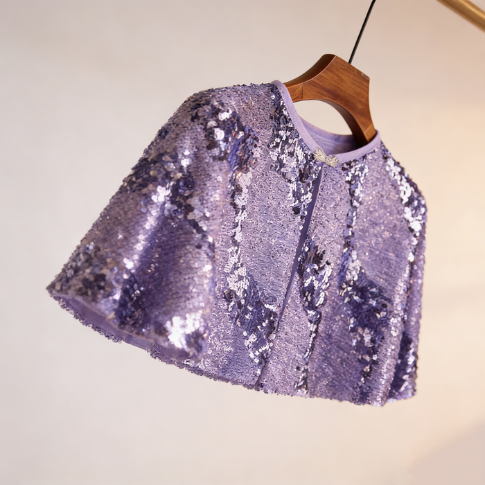 Purple sequin bridal capelet with sparkling fabric, elegant wedding shoulder wrap for evening dresses.