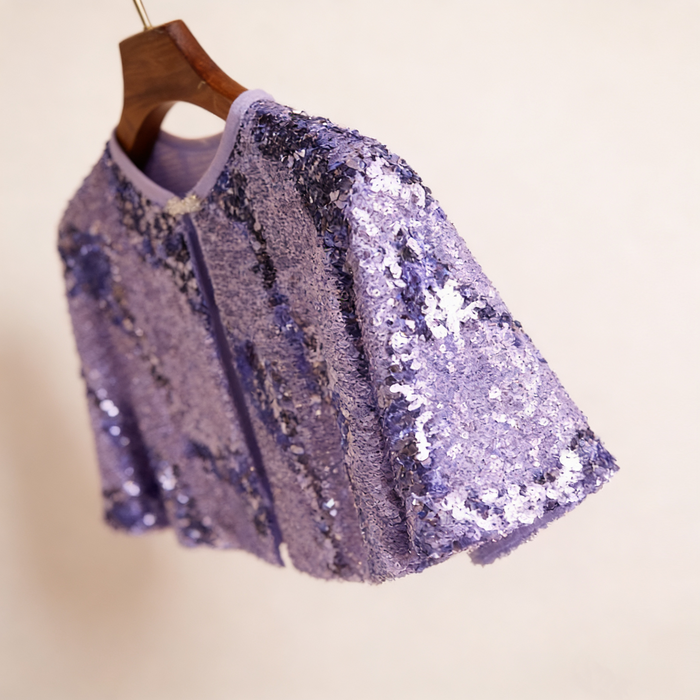 Purple sequin bridal capelet with sparkling fabric, elegant wedding shoulder wrap for evening dresses.