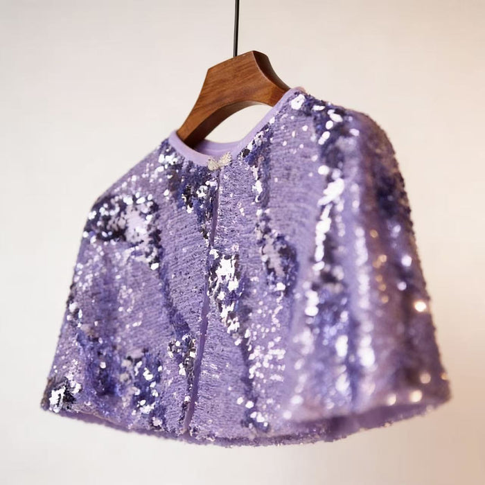 Purple sequin bridal capelet with sparkling fabric, elegant wedding shoulder wrap for evening dresses.