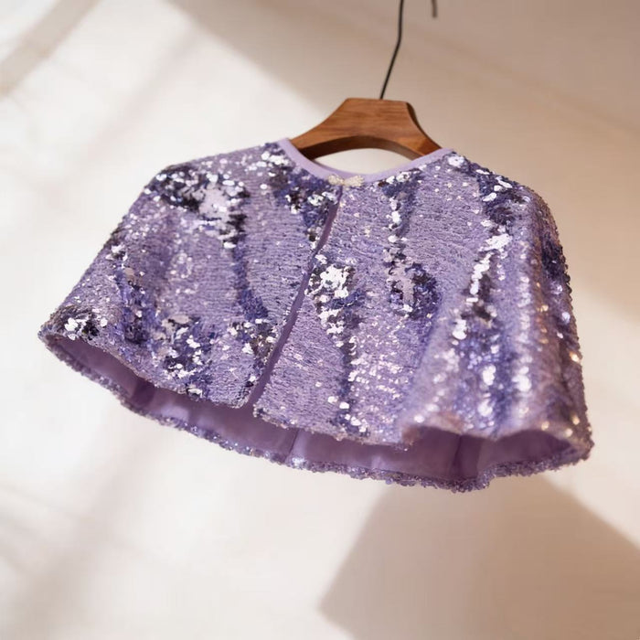 Purple sequin bridal capelet with sparkling fabric, elegant wedding shoulder wrap for evening dresses.