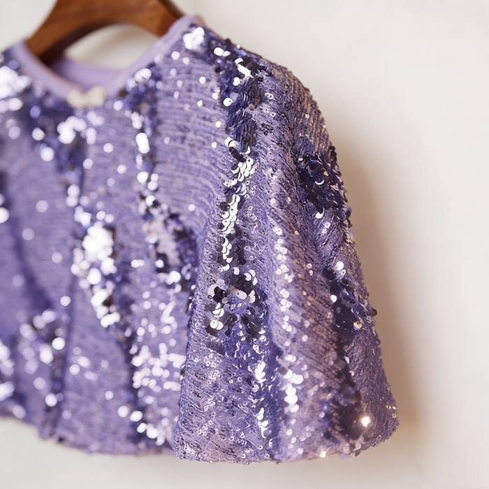 Purple sequin bridal capelet with sparkling fabric, elegant wedding shoulder wrap for evening dresses.