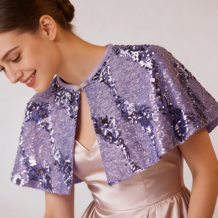 Purple sequin bridal capelet with sparkling fabric, elegant wedding shoulder wrap for evening dresses.