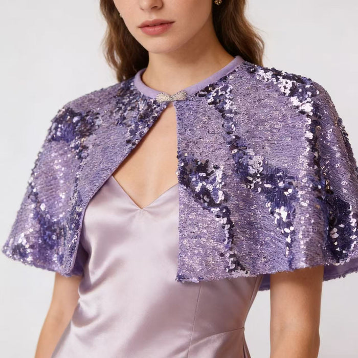 Purple sequin bridal capelet with sparkling fabric, elegant wedding shoulder wrap for evening dresses.